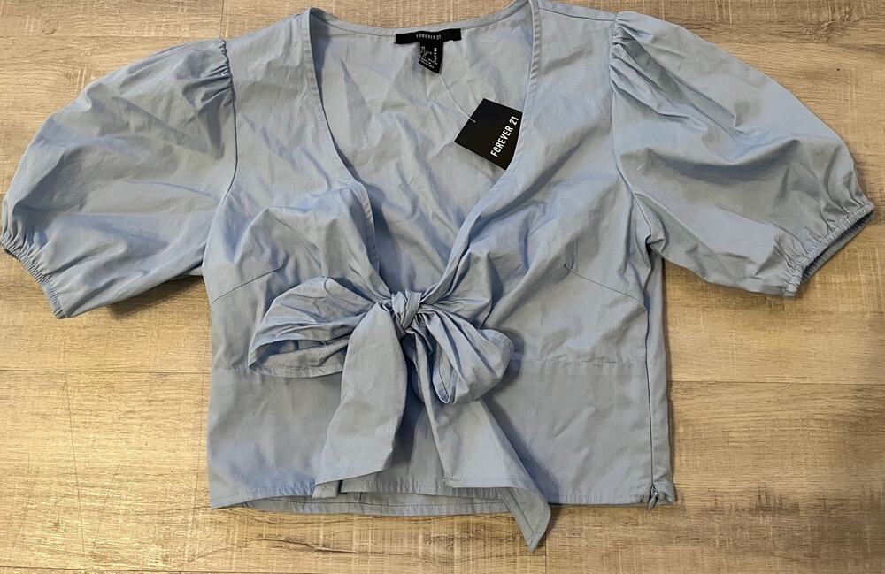 Blue Crop Tie Bow Puff Sleeve Milkmaid Coquette Country Peasant Cottage Top M